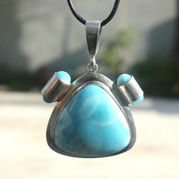 Rare High Quality Aqua Blue Larimar Stone Sterling Silver Pendant Cord Necklace - Picture 4 of 7